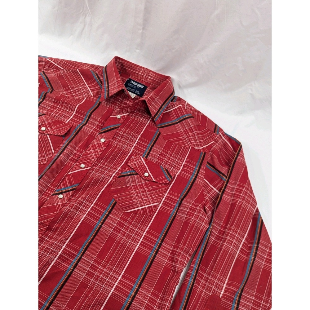 Vintage Wrangler Shirt Mens 18 36 Pearl Snap Cowboy Cut Long Tails Red Plaid